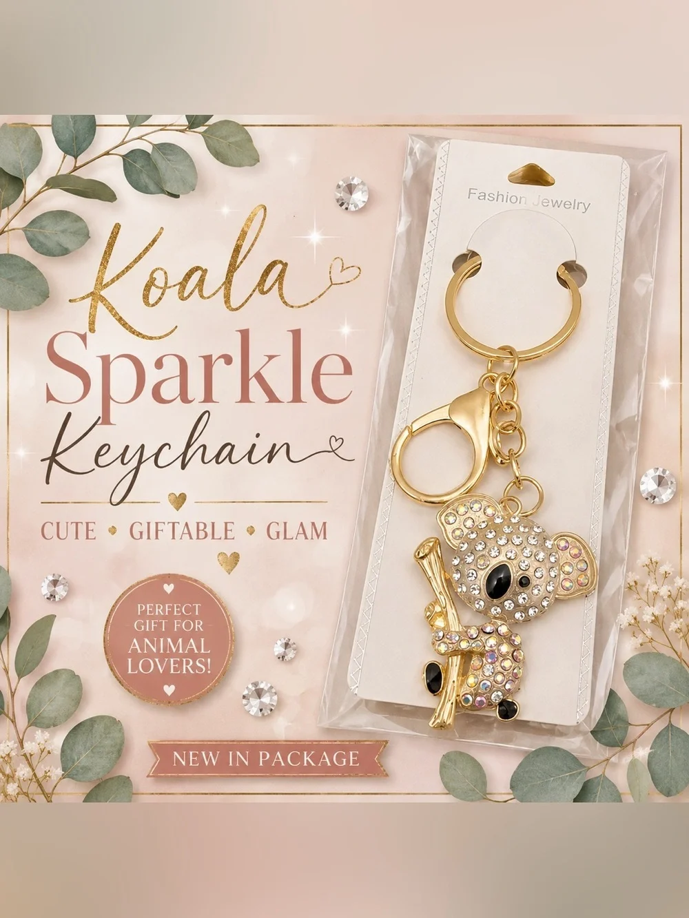 Rhinestone Koala Bear Keychain Purse Charm Gold Tone NWT